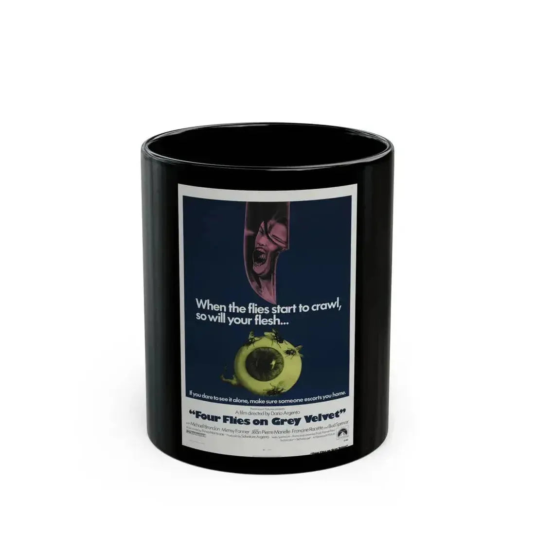 4 FLIES ON GREY VELVET 1971 Movie Poster - Black Coffee Mug 11oz - Go Mug Yourself