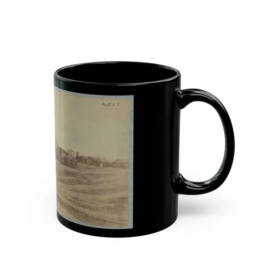 A Camp Made Up Of Small Cabins That Surround A Large Building (U.S. Civil War) Black Coffee Mug - Go Mug Yourself