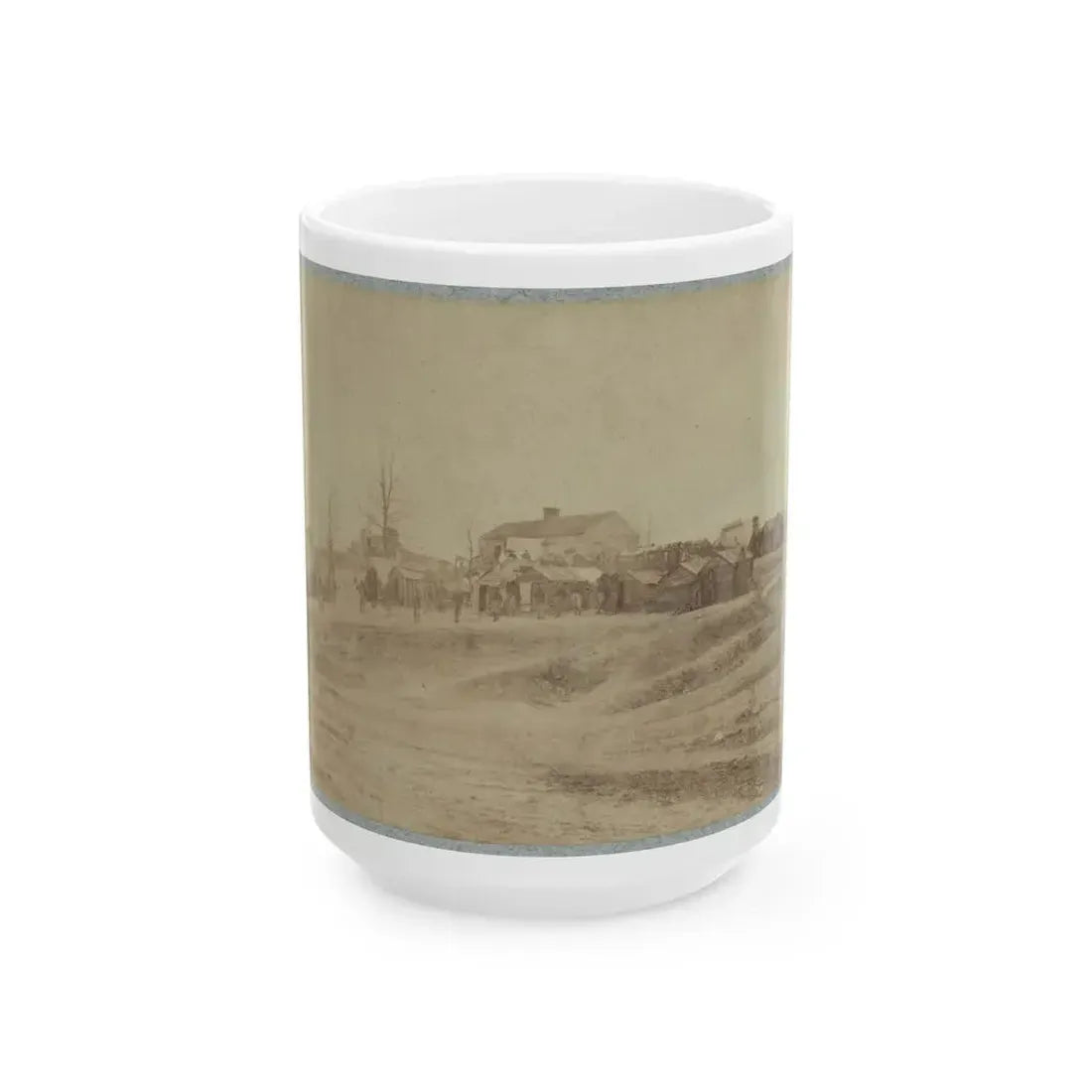 A Camp Made Up Of Small Cabins That Surround A Large Building (U.S. Civil War) White Coffee Mug 15oz - Go Mug Yourself