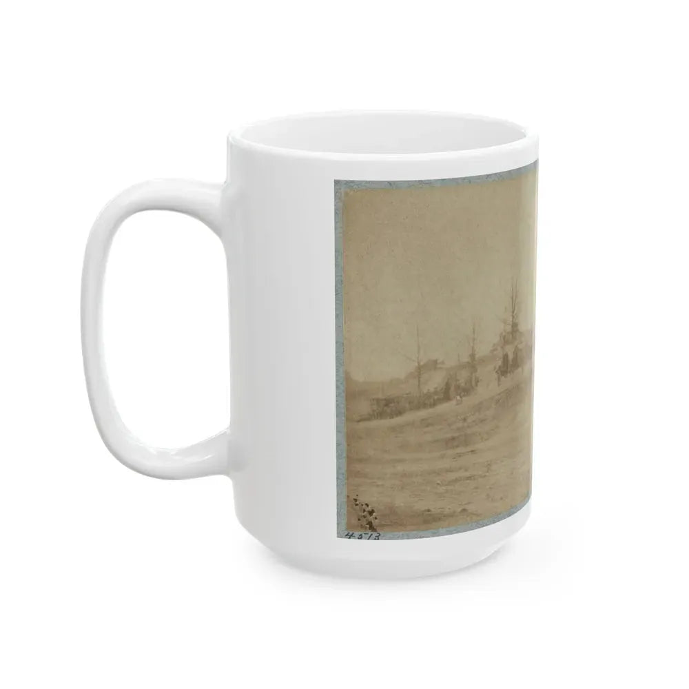 A Camp Made Up Of Small Cabins That Surround A Large Building (U.S. Civil War) White Coffee Mug - Go Mug Yourself