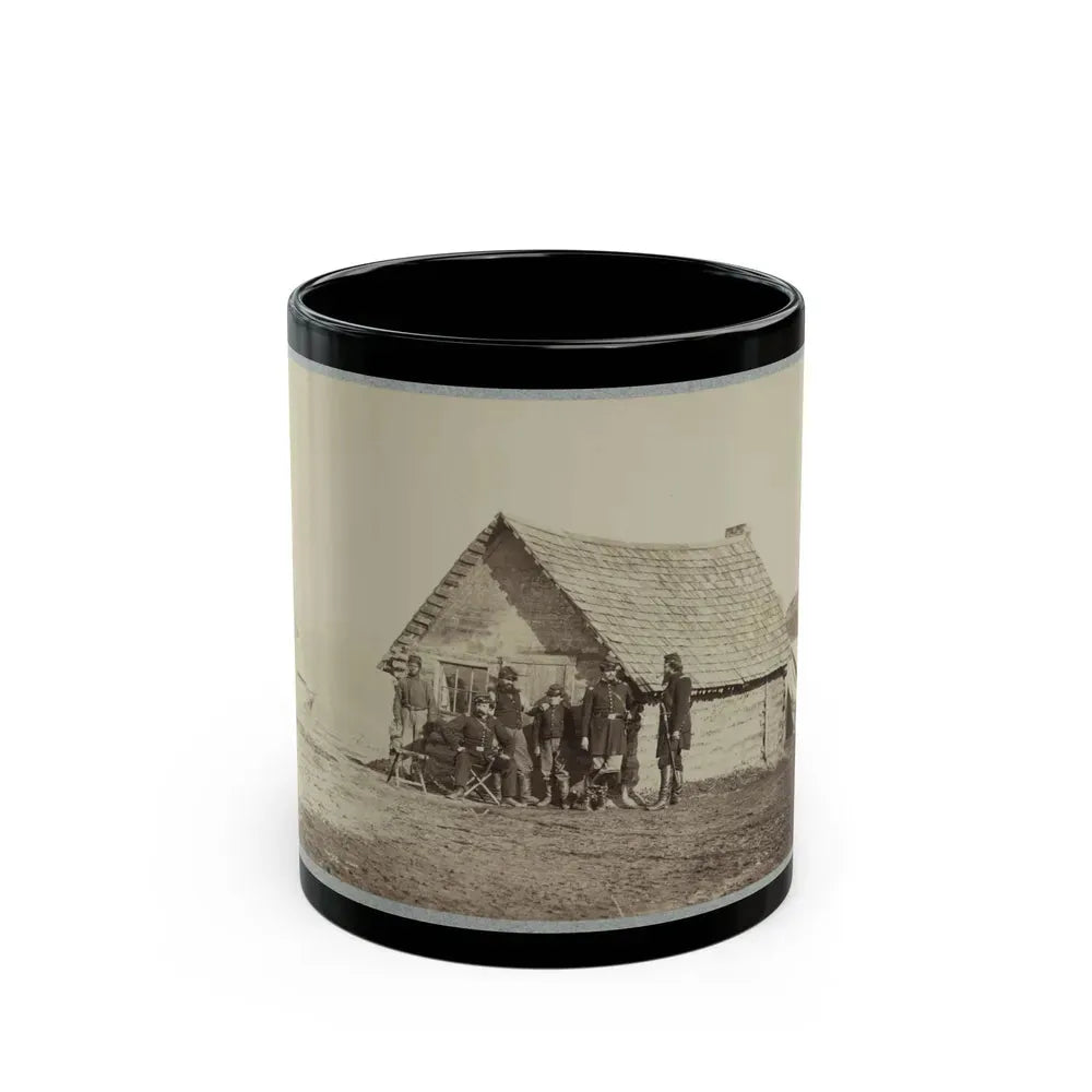 A Group Of Soldiers, And Two Young Men, One An African American, Stand Outside Of Log Cabin Quarters (U.S. Civil War) Black Coffee Mug 11oz - Go Mug Yourself