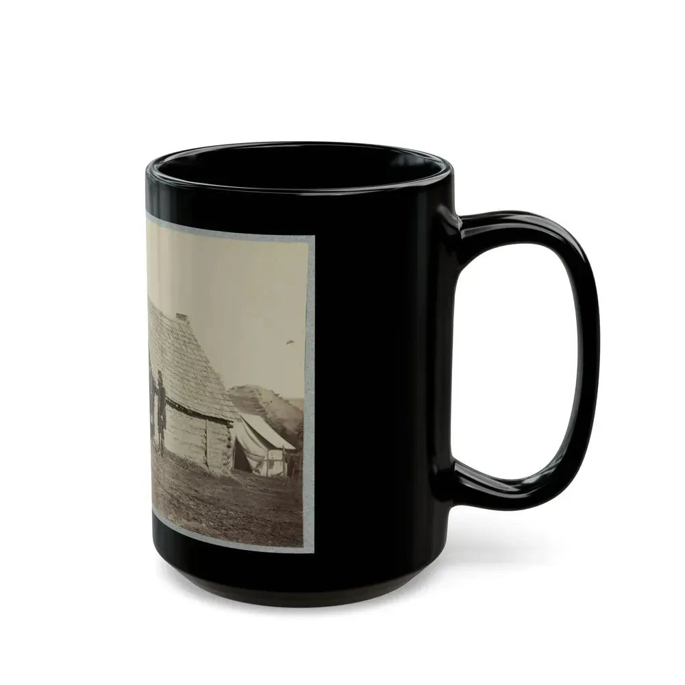 A Group Of Soldiers, And Two Young Men, One An African American, Stand Outside Of Log Cabin Quarters (U.S. Civil War) Black Coffee Mug - Go Mug Yourself