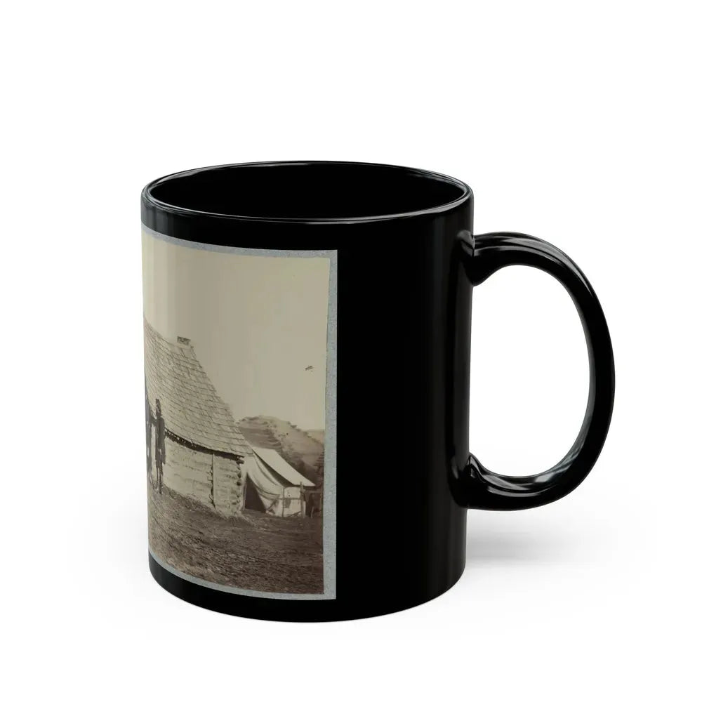 A Group Of Soldiers, And Two Young Men, One An African American, Stand Outside Of Log Cabin Quarters (U.S. Civil War) Black Coffee Mug - Go Mug Yourself