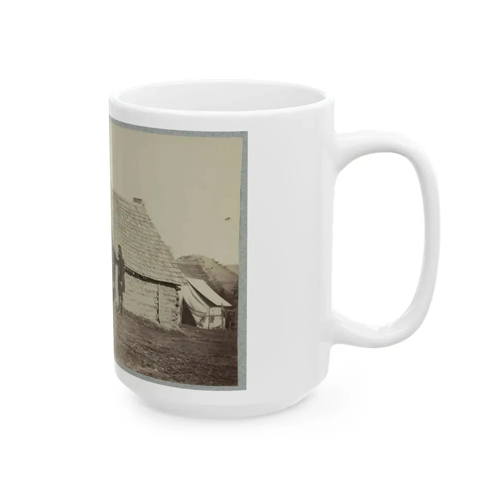 A Group Of Soldiers, And Two Young Men, One An African American, Stand Outside Of Log Cabin Quarters (U.S. Civil War) White Coffee Mug - Go Mug Yourself