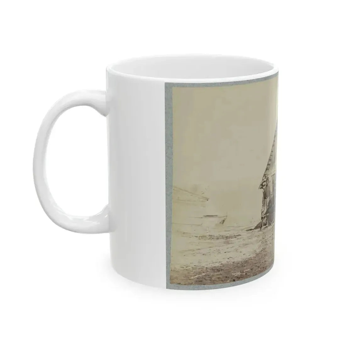 A Group Of Soldiers, And Two Young Men, One An African American, Stand Outside Of Log Cabin Quarters (U.S. Civil War) White Coffee Mug - Go Mug Yourself