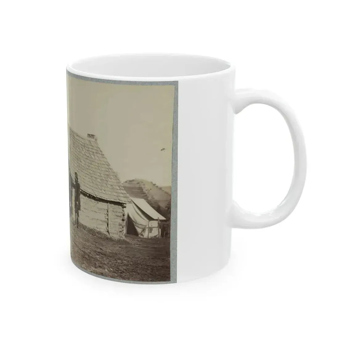 A Group Of Soldiers, And Two Young Men, One An African American, Stand Outside Of Log Cabin Quarters (U.S. Civil War) White Coffee Mug - Go Mug Yourself