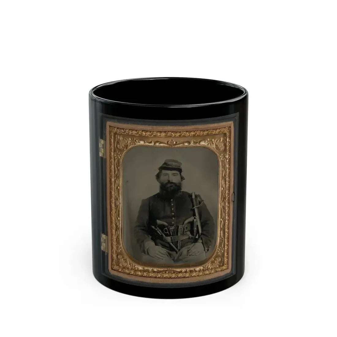 A. J. Blue, Cavalry Soldier In Union Shell Jacket And Bummer Cap With Three Remington Revolvers In His Belt, Holding A Sword (U.S. Civil War) Black Coffee Mug 11oz - Go Mug Yourself