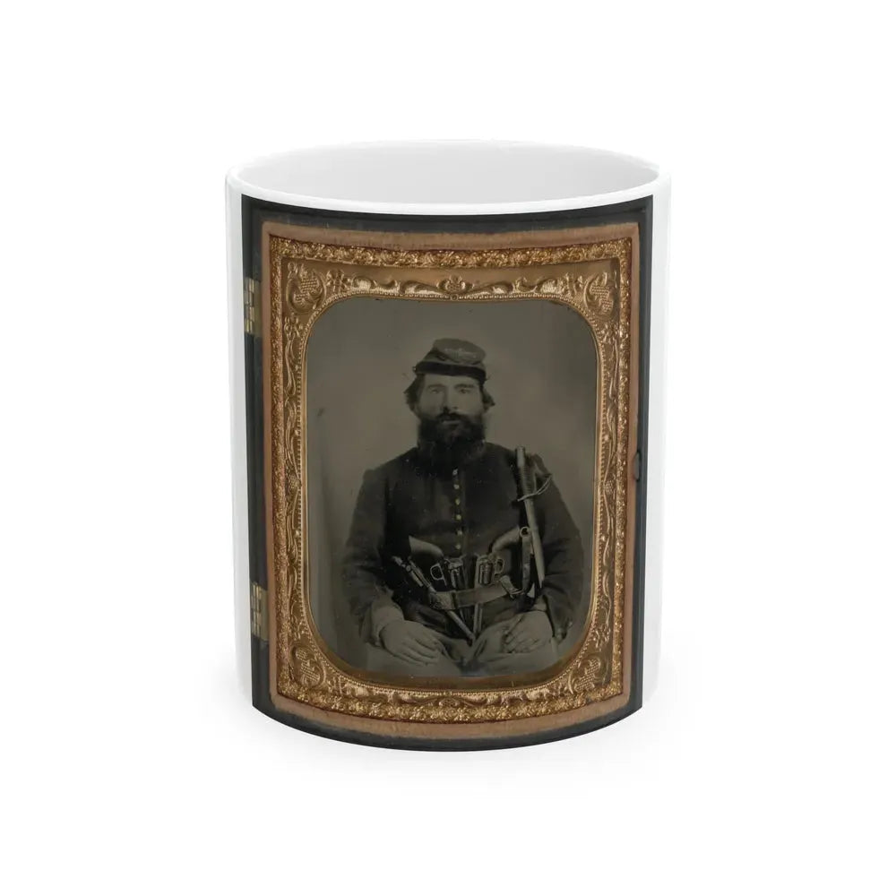 A. J. Blue, Cavalry Soldier In Union Shell Jacket And Bummer Cap With Three Remington Revolvers In His Belt, Holding A Sword (U.S. Civil War) White Coffee Mug 11oz - Go Mug Yourself