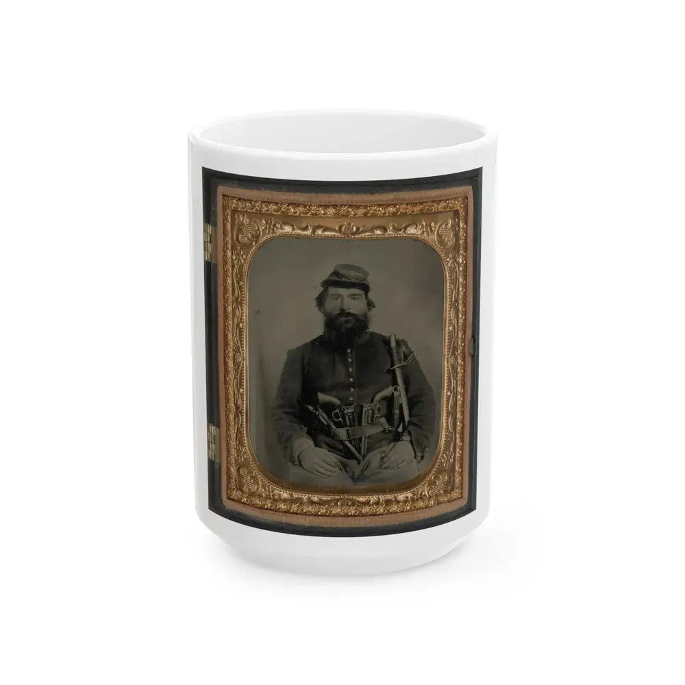 A. J. Blue, Cavalry Soldier In Union Shell Jacket And Bummer Cap With Three Remington Revolvers In His Belt, Holding A Sword (U.S. Civil War) White Coffee Mug 15oz - Go Mug Yourself