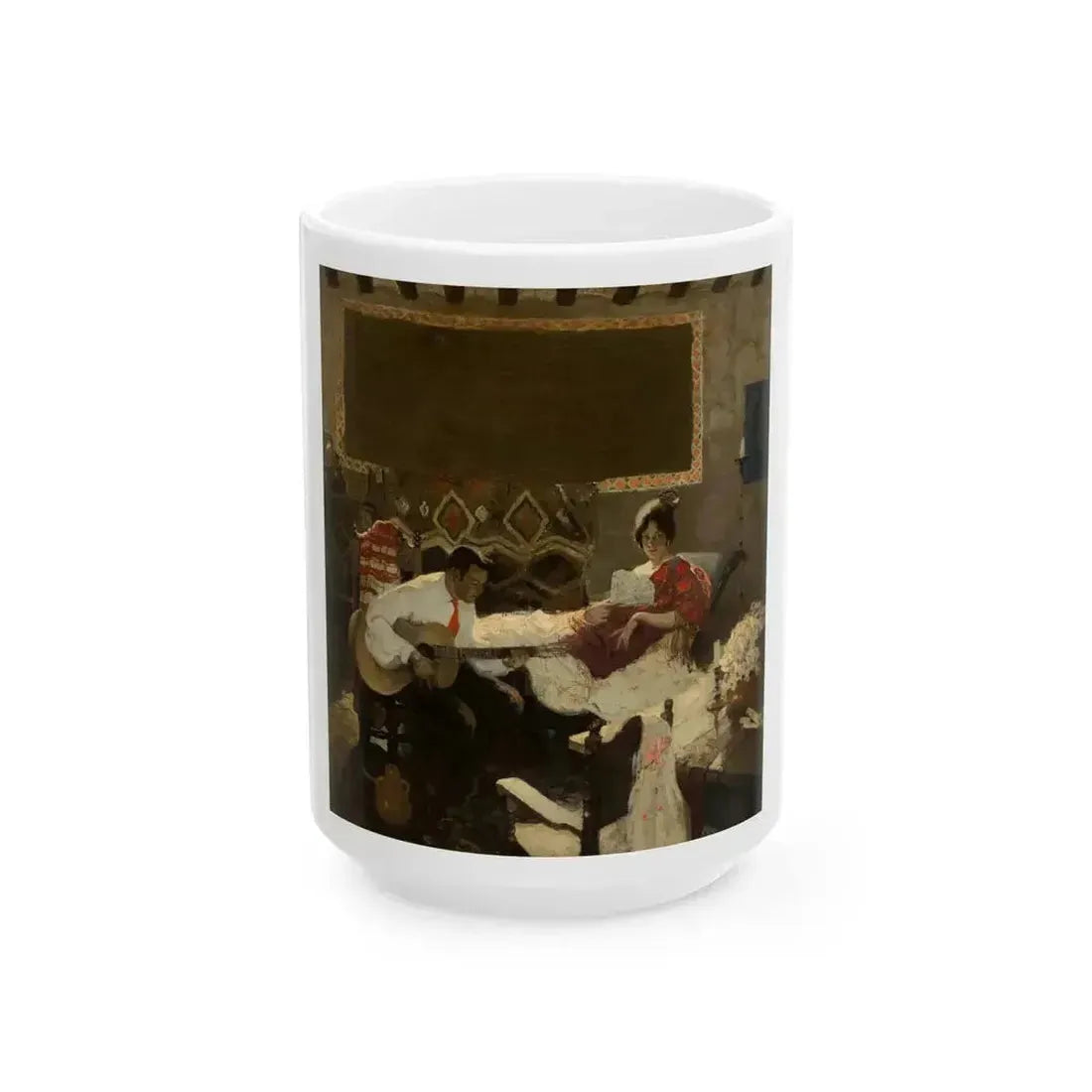 A Man Serenading a Woman, story illustration, August 1924 - White Coffee Mug 15oz - Go Mug Yourself