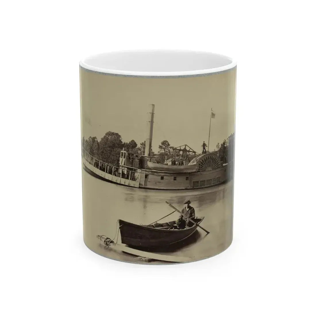 A Sailor Sits In A Small Boat In The Foreground With A Side Wheeler In The Rear (U.S. Civil War) White Coffee Mug 11oz - Go Mug Yourself