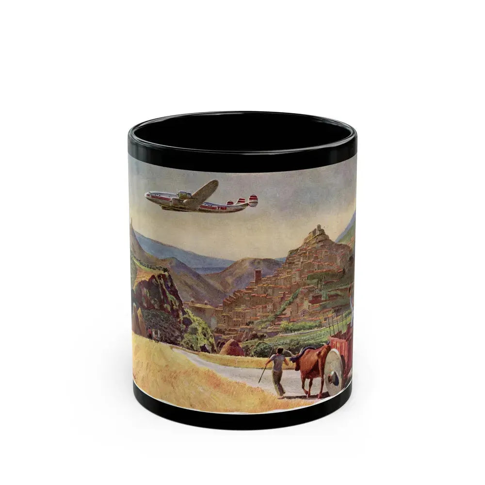 A TWA Starliner On The Road To Rome, The Saturday Evening Post advertisement, October 4, 1947 - Black Coffee Mug 11oz - Go Mug Yourself