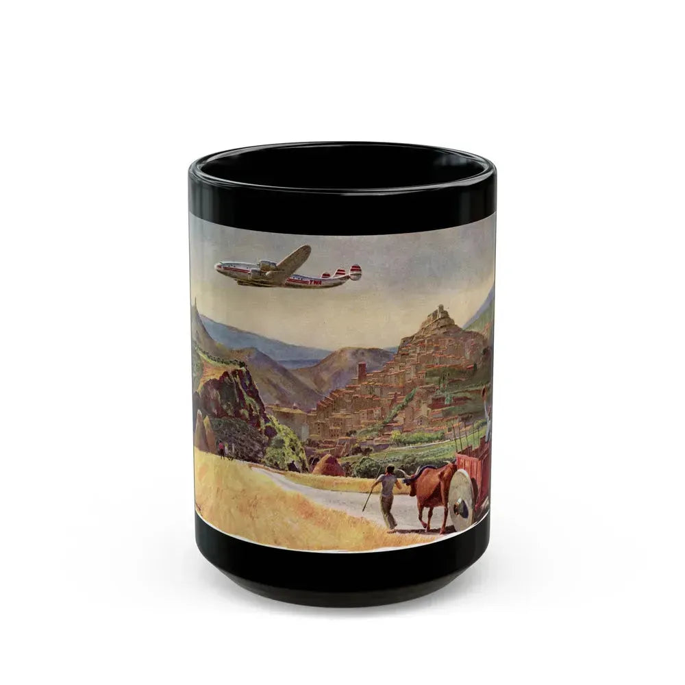 A TWA Starliner On The Road To Rome, The Saturday Evening Post advertisement, October 4, 1947 - Black Coffee Mug 15oz - Go Mug Yourself