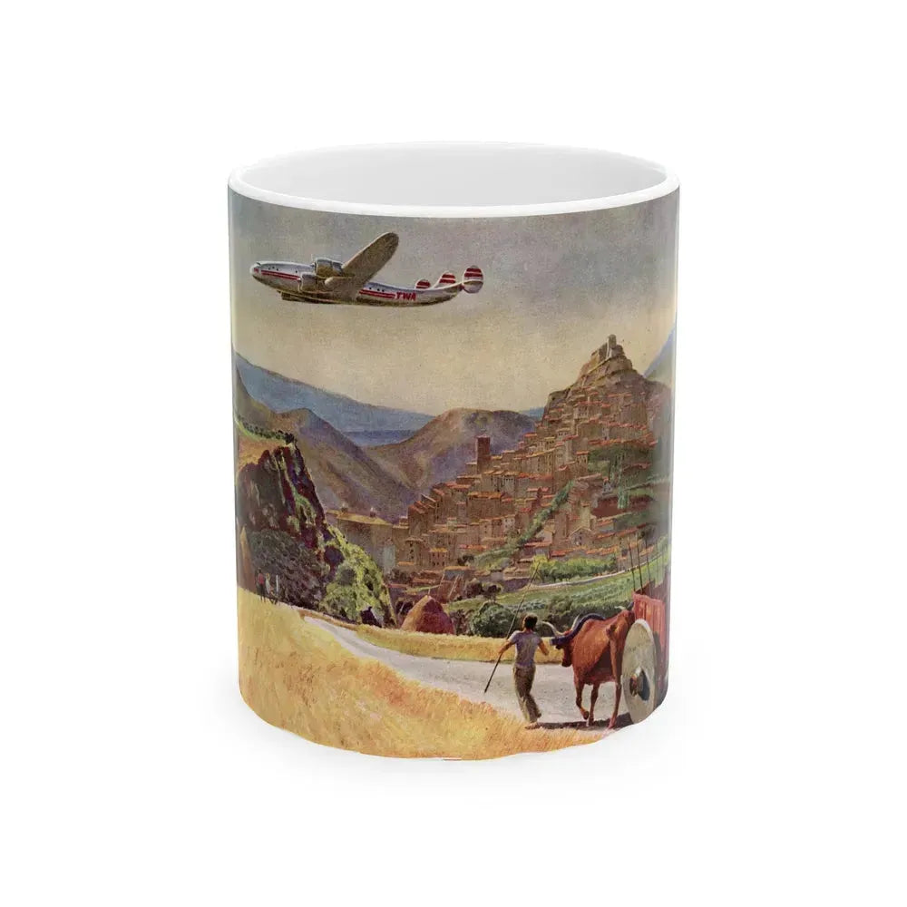 A TWA Starliner On The Road To Rome, The Saturday Evening Post advertisement, October 4, 1947 - White Coffee Mug 11oz - Go Mug Yourself