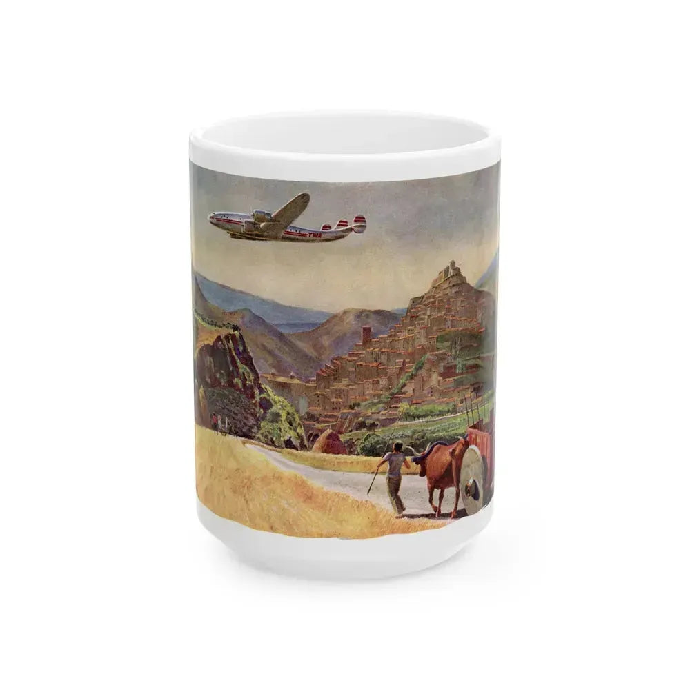 A TWA Starliner On The Road To Rome, The Saturday Evening Post advertisement, October 4, 1947 - White Coffee Mug 15oz - Go Mug Yourself