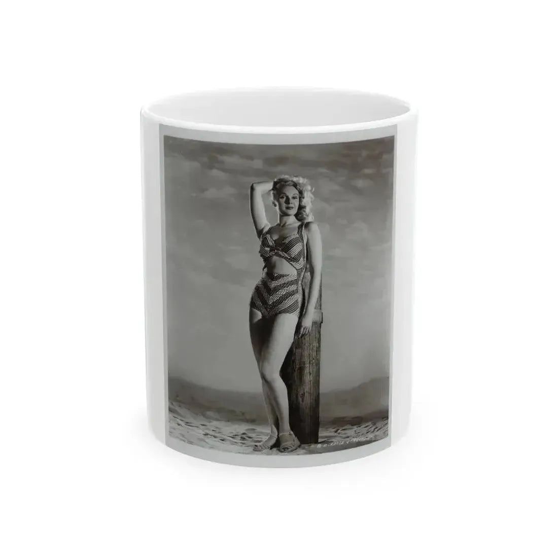 Adele Jergens #120 - 8x10 B&W Photo of Full Body 2-Piece Swimsuit Cheesecake Photo (Vintage Female Icon) White Coffee Mug 11oz - Go Mug Yourself