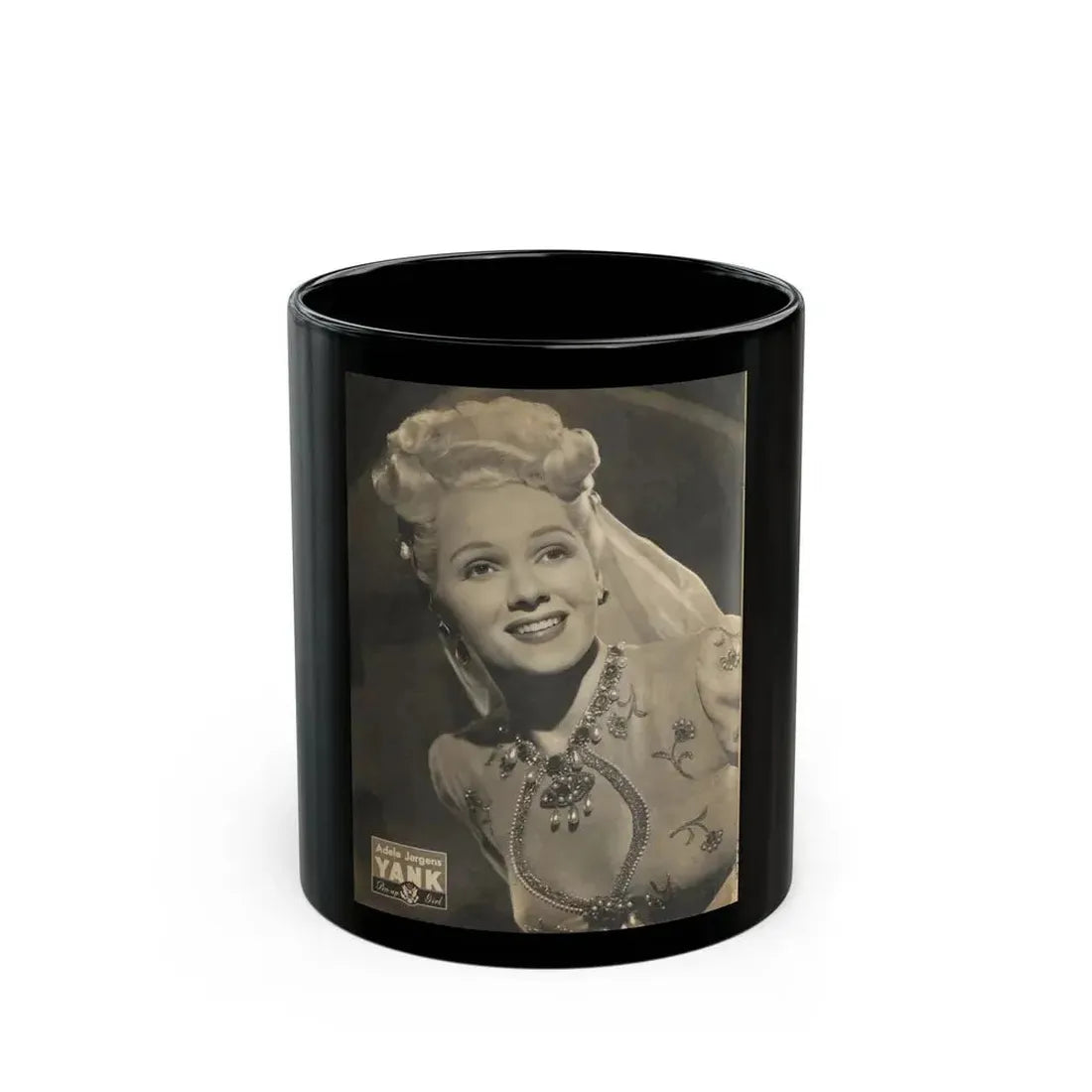 Adele Jergens #133 - YANK Mag. Glamour Photo 7-20-45 (Vintage Female Icon) Black Coffee Mug 11oz - Go Mug Yourself