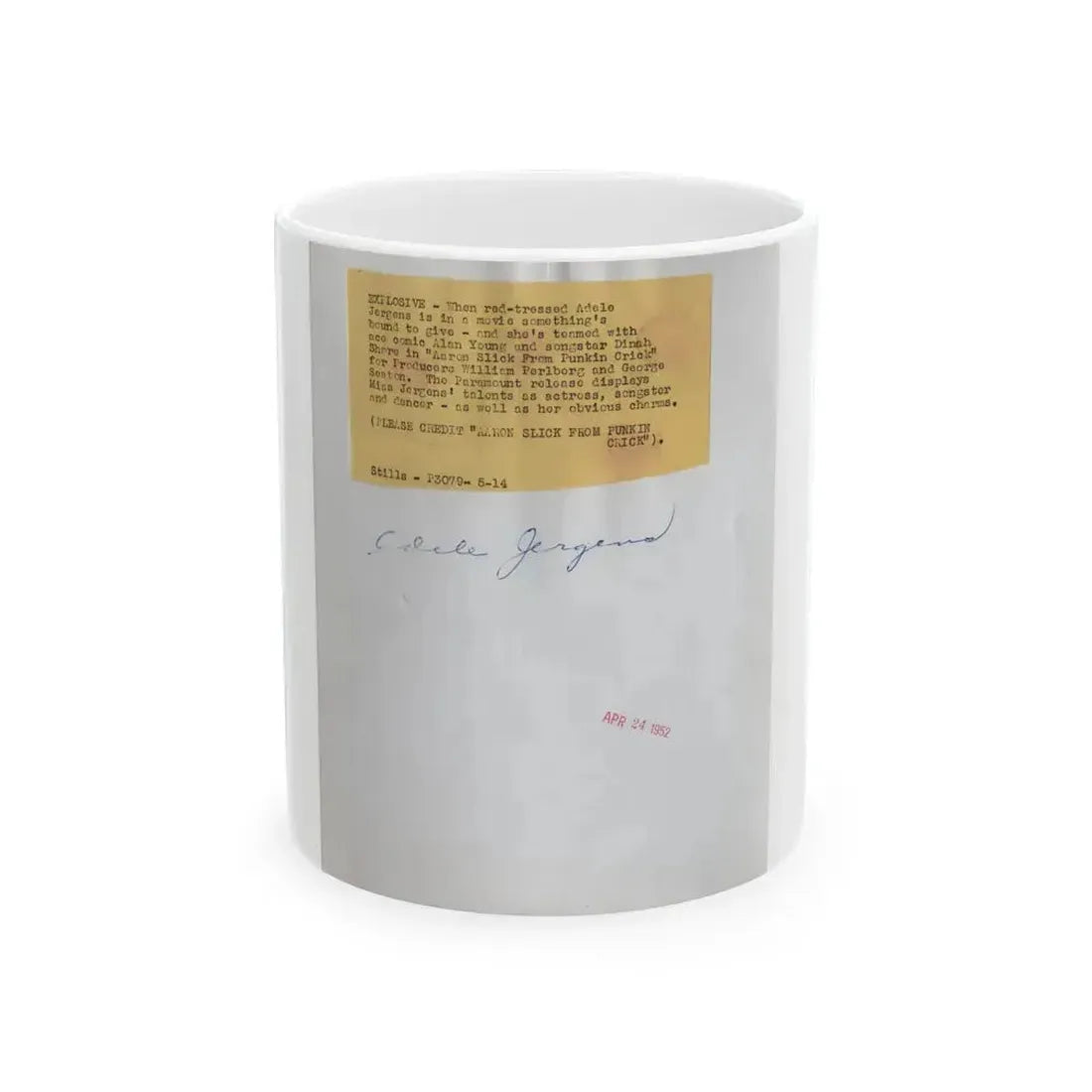 Adele Jergens #272 - 7x9 Vintage B&W Full Body Sandal Heel Clads, Feet & Leggy Photo from 4-24-52 (Vintage Female Icon) White Coffee Mug 11oz - Go Mug Yourself