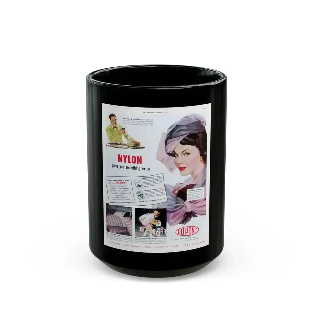 Advertisement for DuPont, Saturday Evening Post, April 9, 1949 - Black Coffee Mug 15oz - Go Mug Yourself