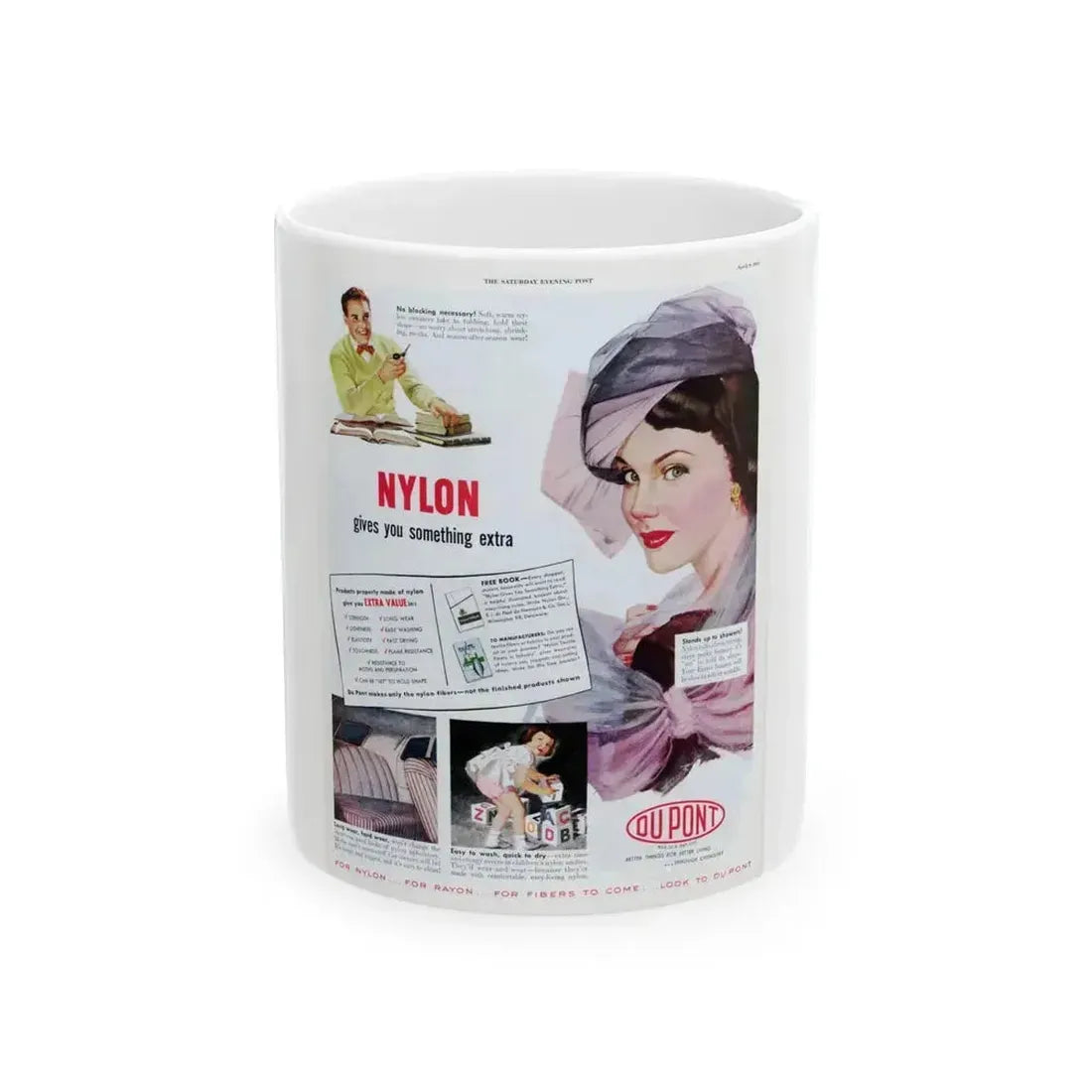 Advertisement for DuPont, Saturday Evening Post, April 9, 1949 - White Coffee Mug 11oz - Go Mug Yourself