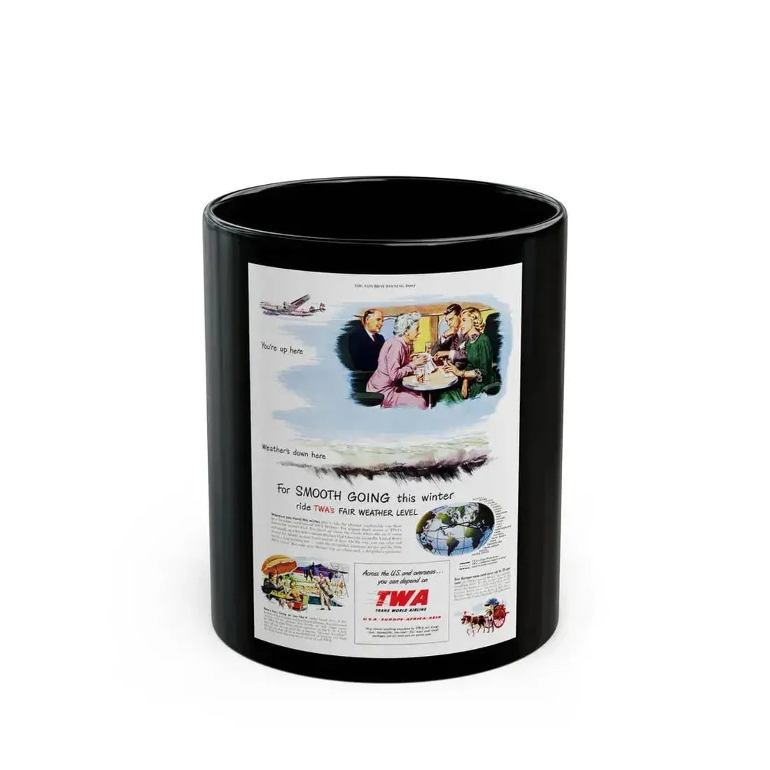 Advertisement for TWA, Saturday Evening Post, November 5, 1949 - Black Coffee Mug 11oz - Go Mug Yourself