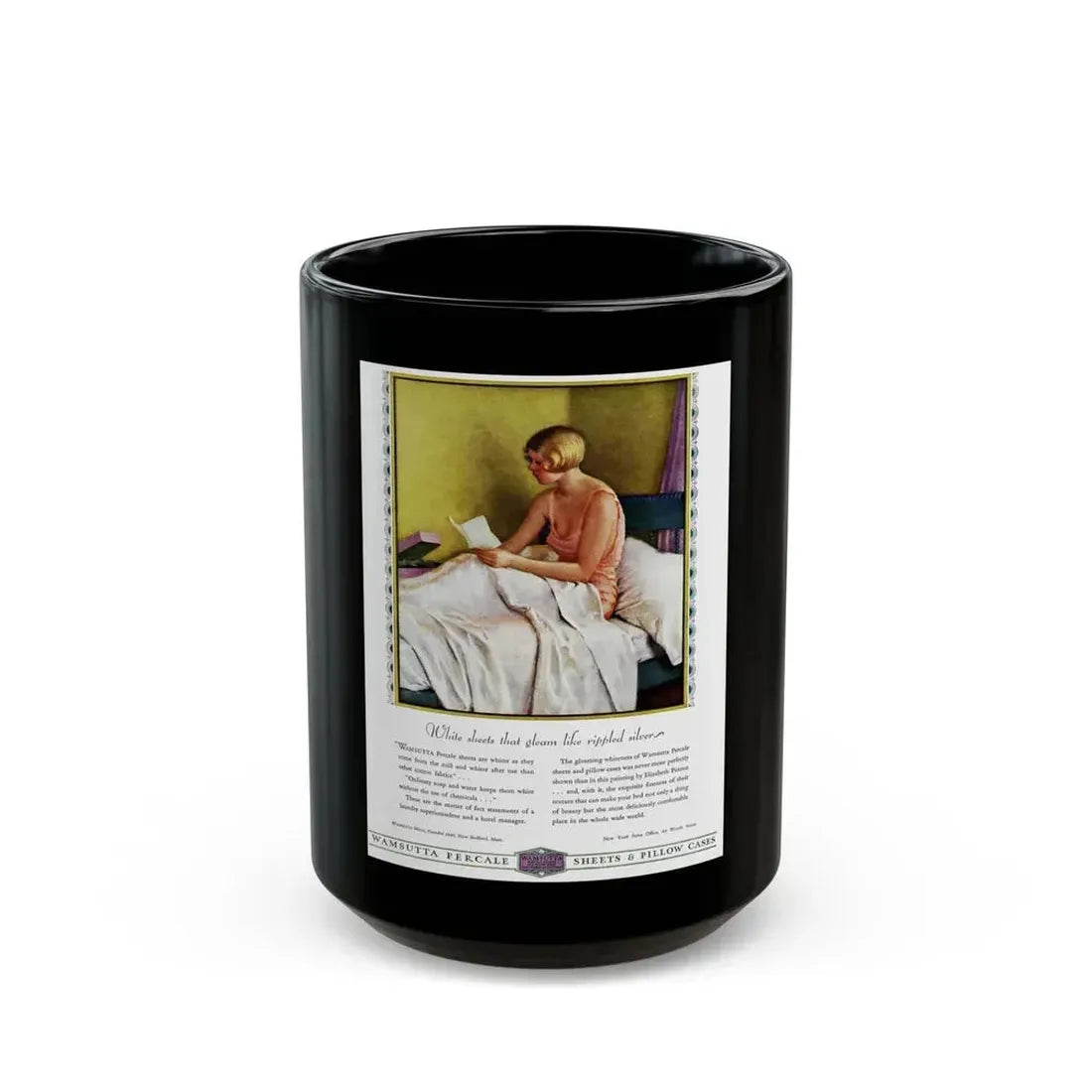 Advertisement for Wamsutta Percale, Harper's Bazaar, September 1930 - Black Coffee Mug 15oz - Go Mug Yourself