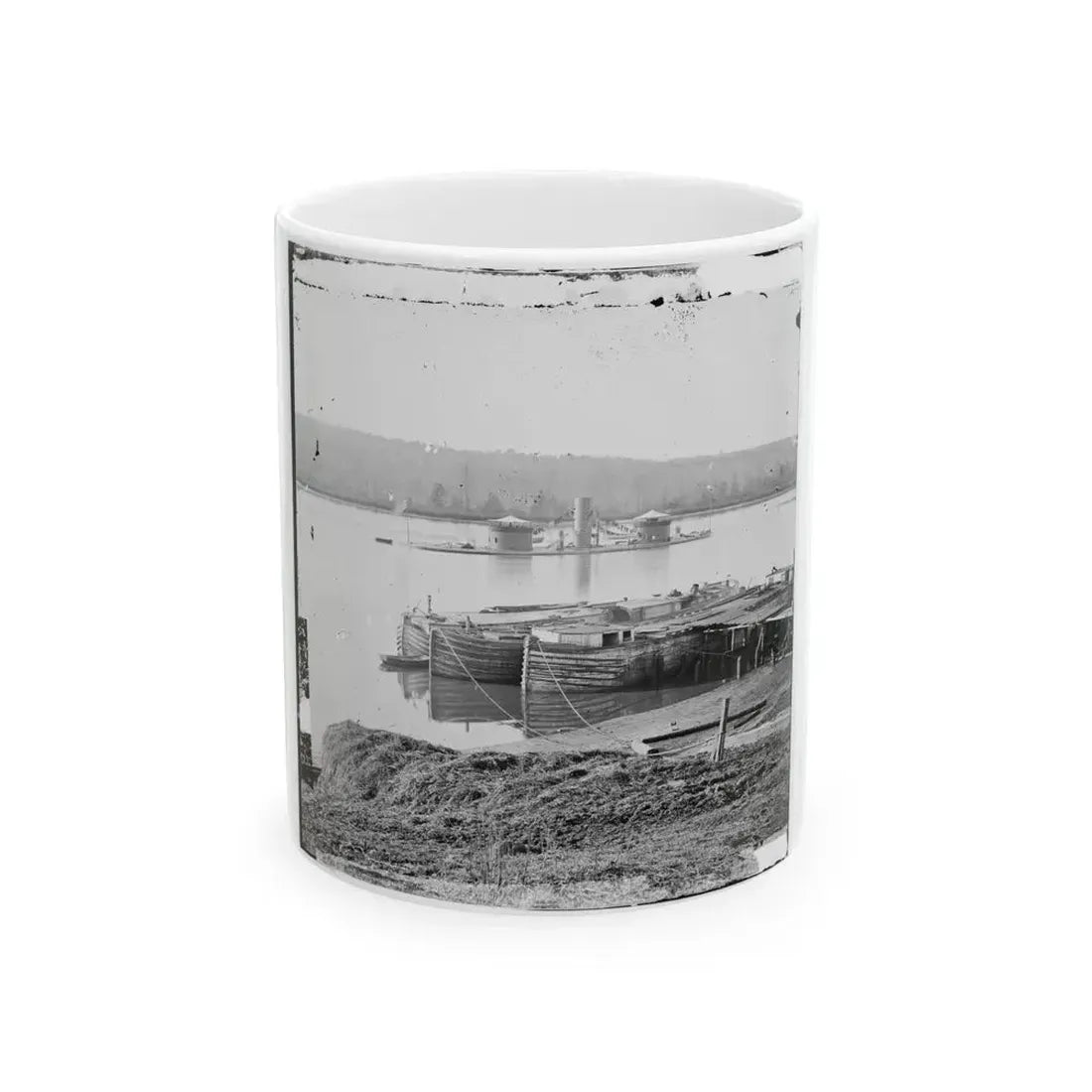 Aiken's Landing, Virginia. Double-Turreted Monitor U.S.S. On James River (U.S. Civil War) White Coffee Mug 11oz - Go Mug Yourself