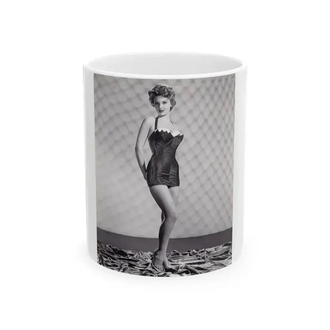 Allison Hayes #18 - B&W Full Body One Piece Swimsuit Cheesecake Pin-Up Photo (Vintage Female Icon) White Coffee Mug 11oz - Go Mug Yourself