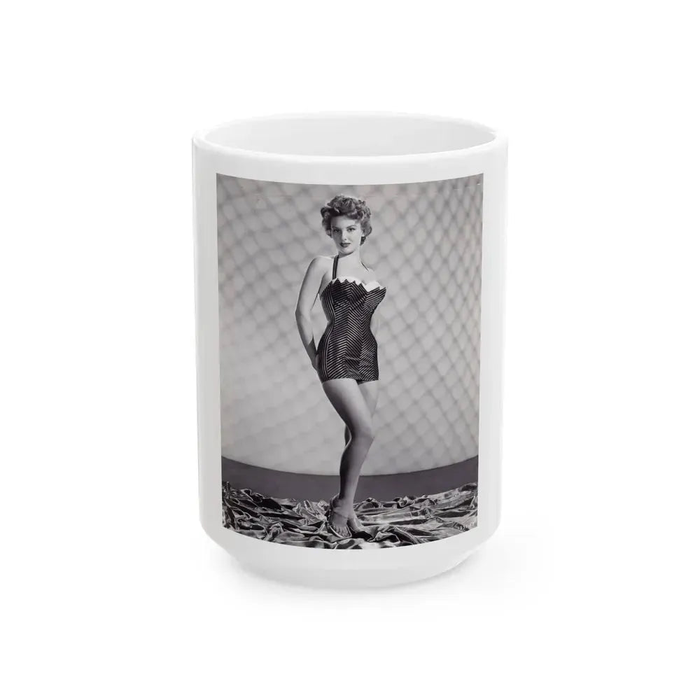 Allison Hayes #18 - B&W Full Body One Piece Swimsuit Cheesecake Pin-Up Photo (Vintage Female Icon) White Coffee Mug 15oz - Go Mug Yourself
