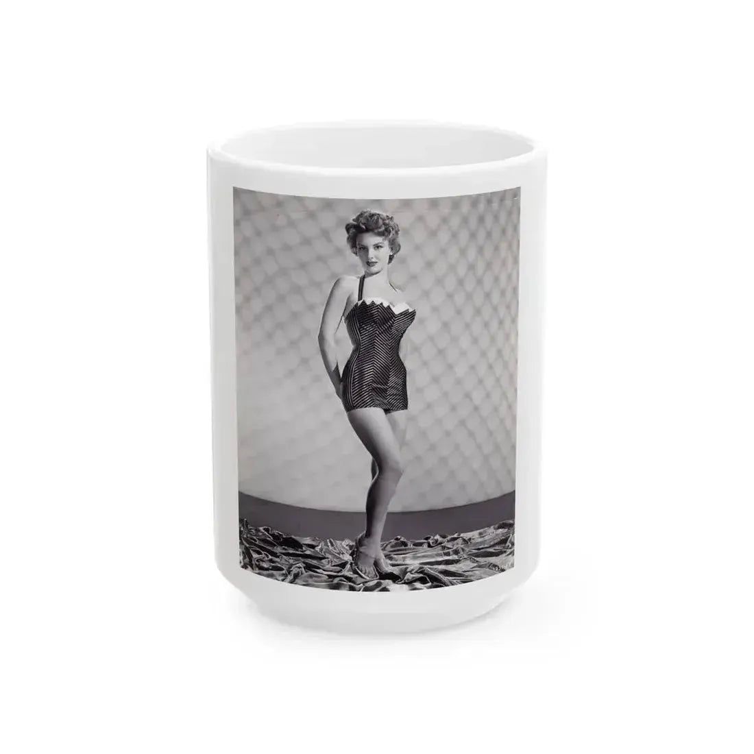 Allison Hayes #18 - B&W Full Body One Piece Swimsuit Cheesecake Pin-Up Photo (Vintage Female Icon) White Coffee Mug 15oz - Go Mug Yourself