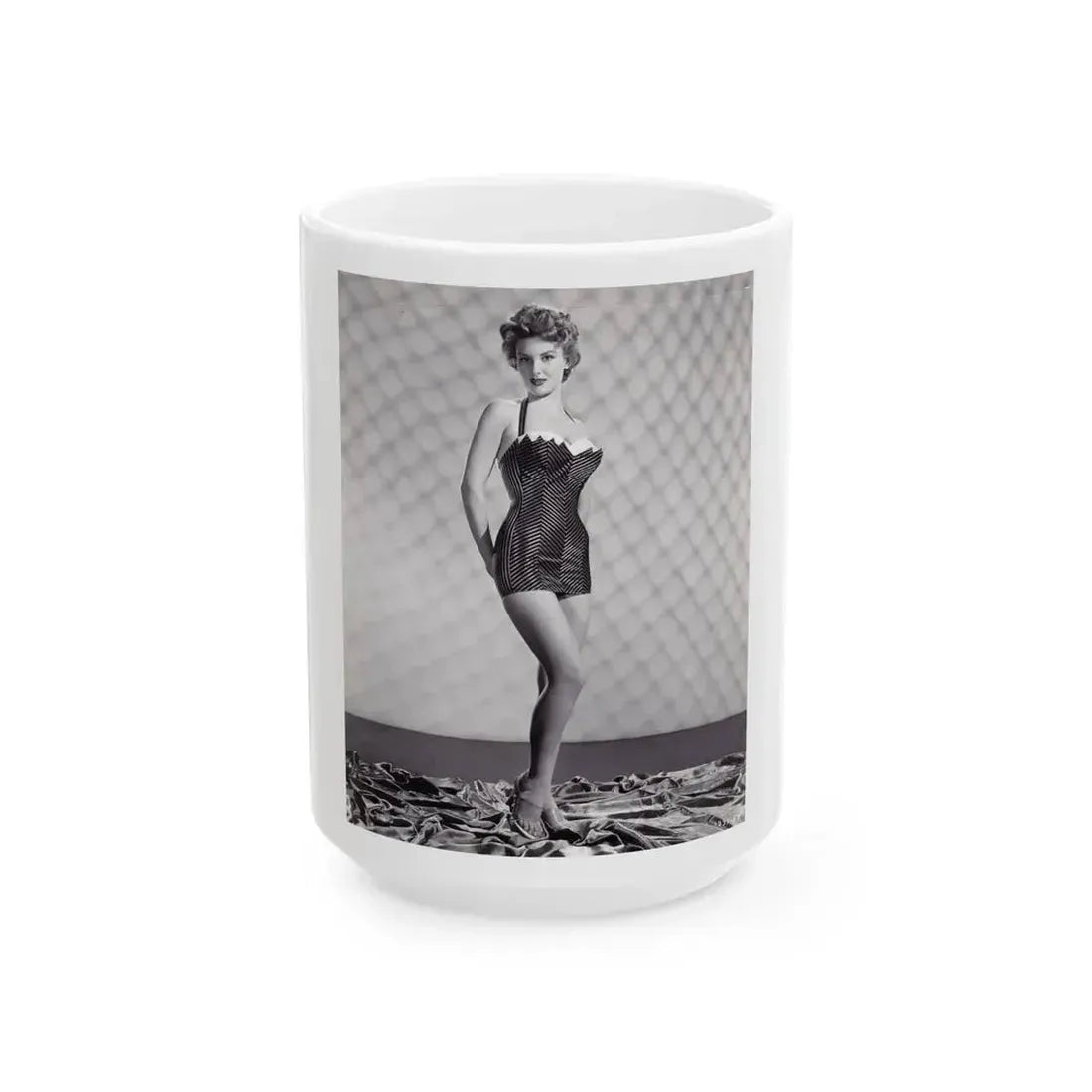 Allison Hayes #18 - B&W Full Body One Piece Swimsuit Cheesecake Pin-Up Photo (Vintage Female Icon) White Coffee Mug 15oz - Go Mug Yourself