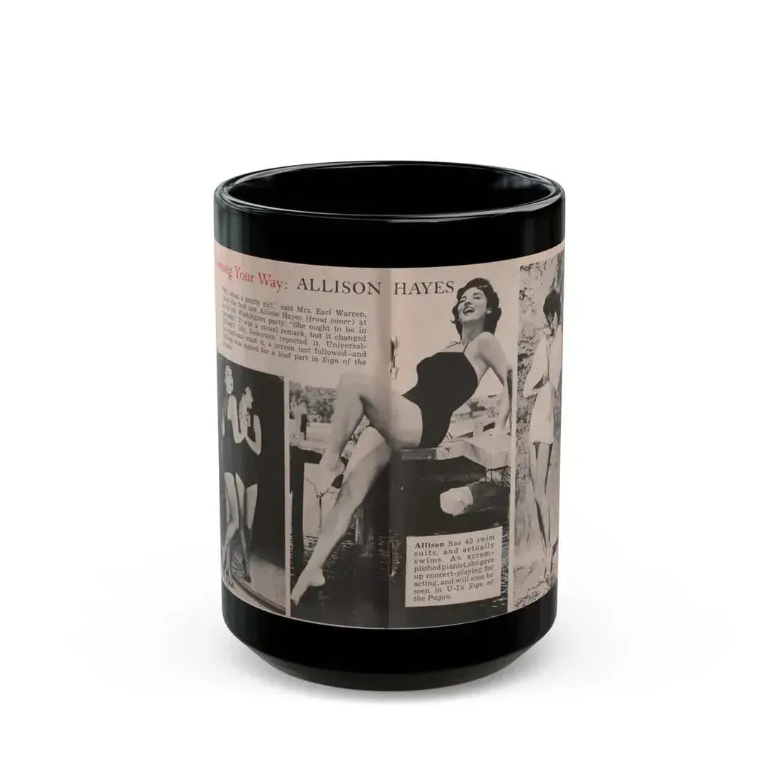 Allison Hayes #185 - Pages 1 & 2 of 2 with, 3 B&W Photos, Short Article & Caption from Tempo Pocket Mag. 10-25-54 (Vintage Female Icon) Black Coffee Mug 15oz - Go Mug Yourself