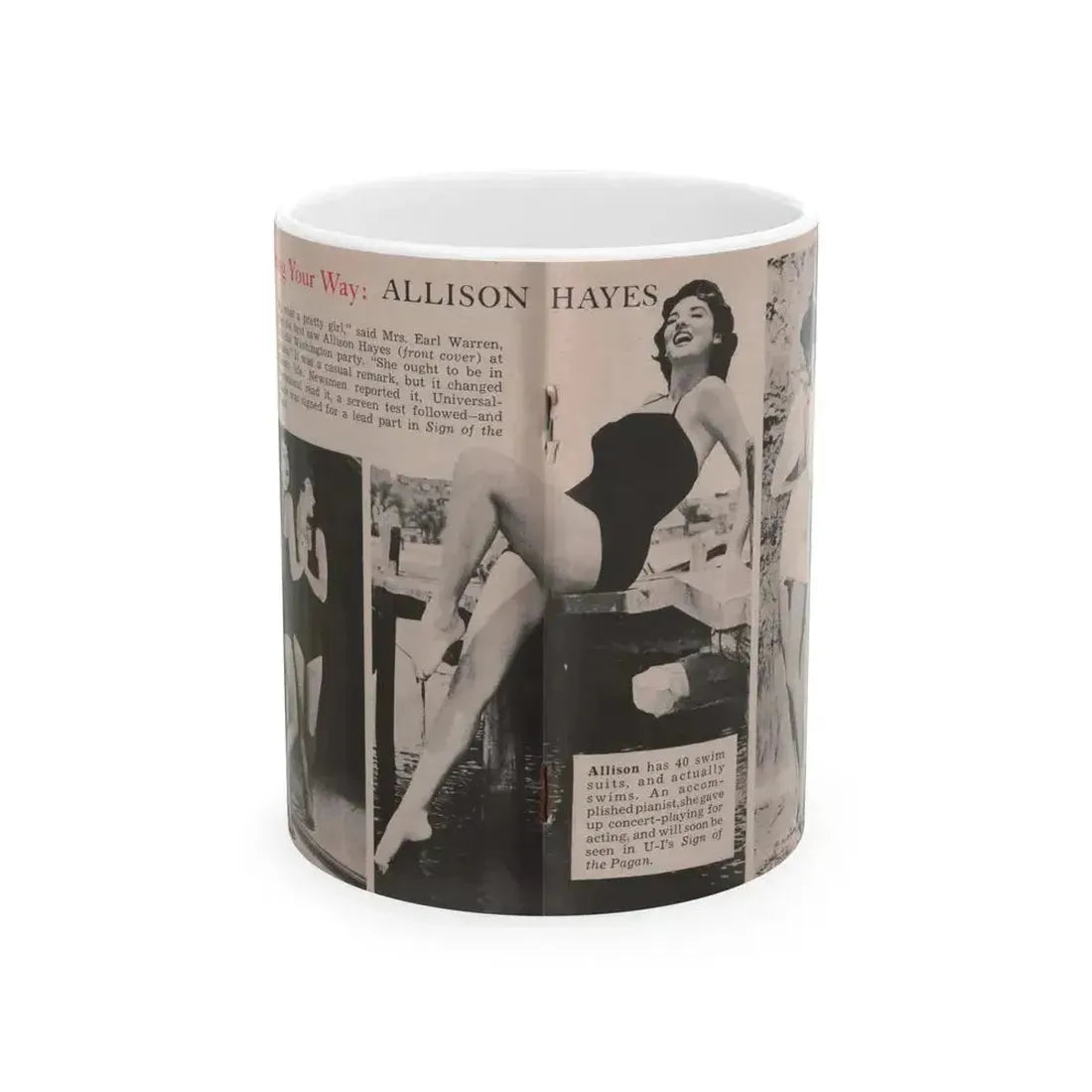 Allison Hayes #185 - Pages 1 & 2 of 2 with, 3 B&W Photos, Short Article & Caption from Tempo Pocket Mag. 10-25-54 (Vintage Female Icon) White Coffee Mug 11oz - Go Mug Yourself