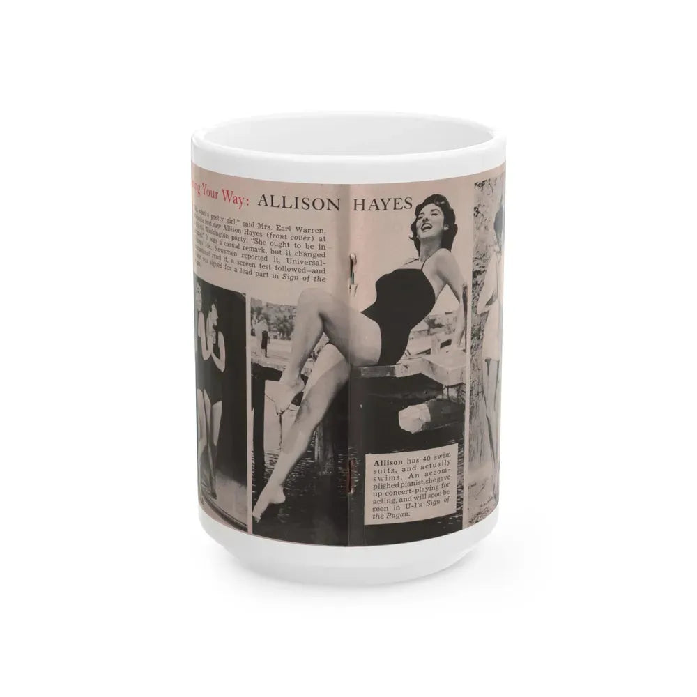 Allison Hayes #185 - Pages 1 & 2 of 2 with, 3 B&W Photos, Short Article & Caption from Tempo Pocket Mag. 10-25-54 (Vintage Female Icon) White Coffee Mug 15oz - Go Mug Yourself