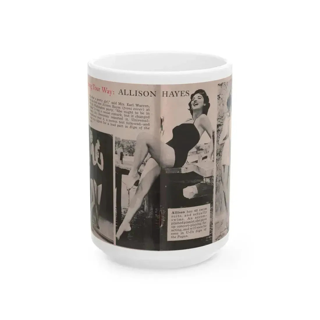 Allison Hayes #185 - Pages 1 & 2 of 2 with, 3 B&W Photos, Short Article & Caption from Tempo Pocket Mag. 10-25-54 (Vintage Female Icon) White Coffee Mug 15oz - Go Mug Yourself