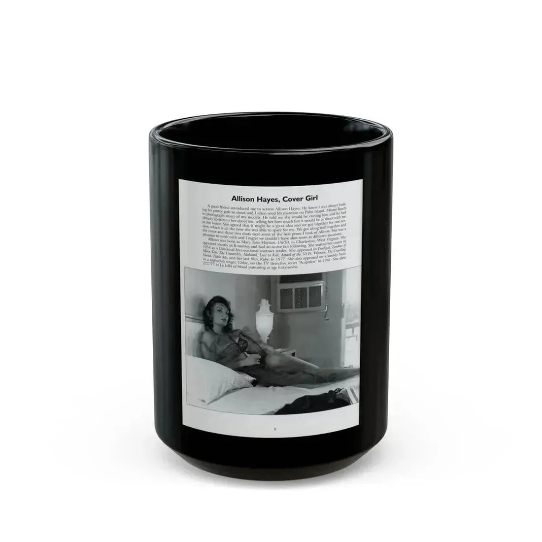 Allison Hayes #206 - Pages 8 with 1 B&W Photo & Article from Femmes Fatales Of The 1950's (Vintage Female Icon) Black Coffee Mug 15oz - Go Mug Yourself