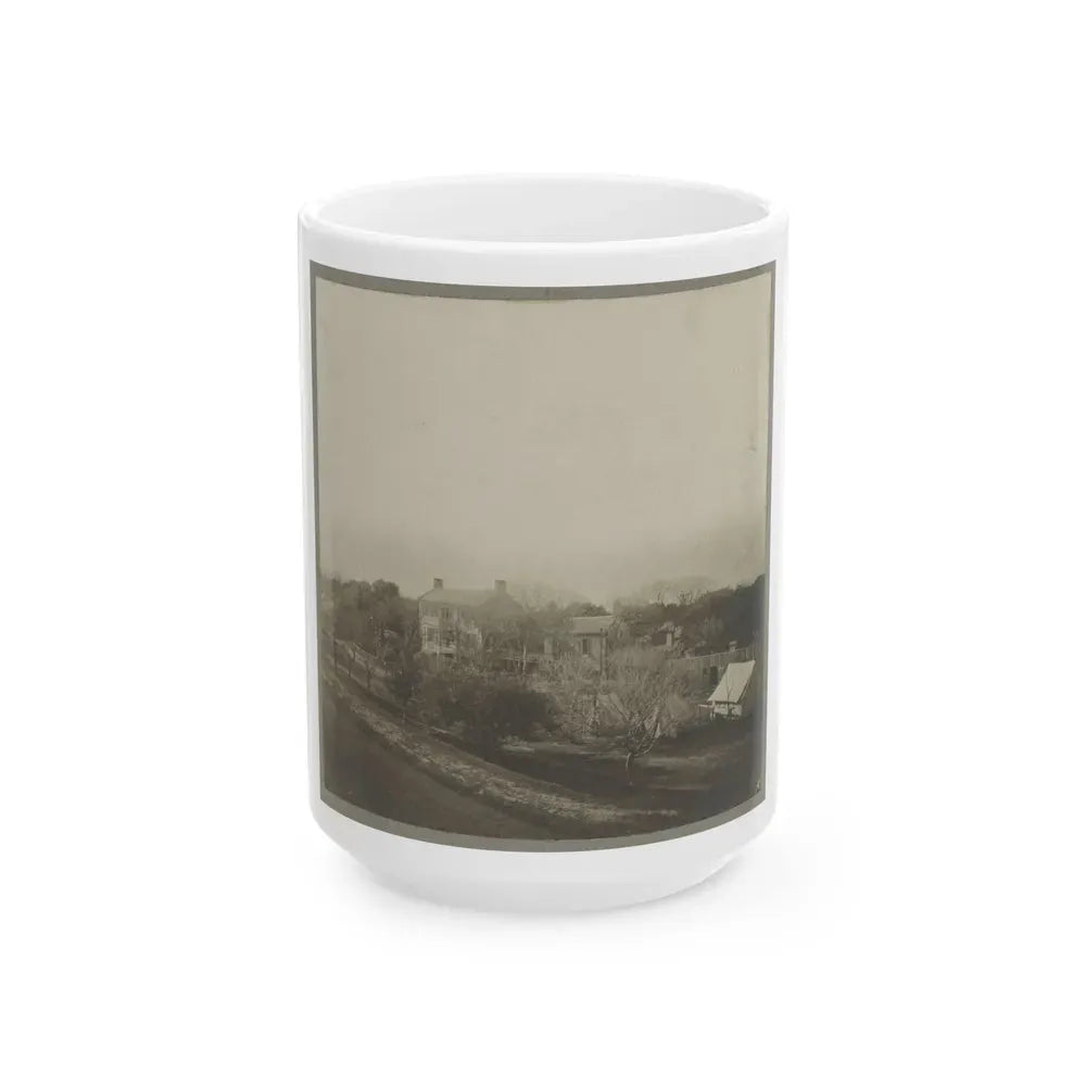 An Aerial View Of A House, Tents, And Other Buildings Partly Obscured By Trees (U.S. Civil War) White Coffee Mug 15oz - Go Mug Yourself