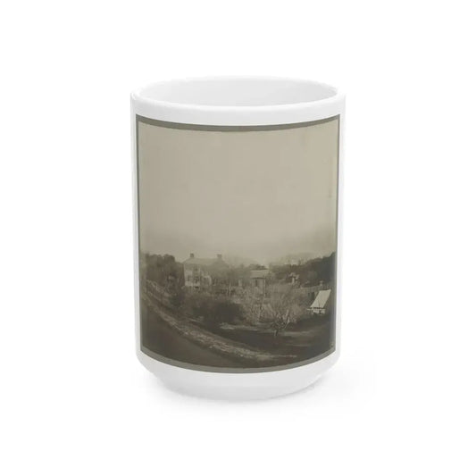 An Aerial View Of A House, Tents, And Other Buildings Partly Obscured By Trees (U.S. Civil War) White Coffee Mug 15oz - Go Mug Yourself