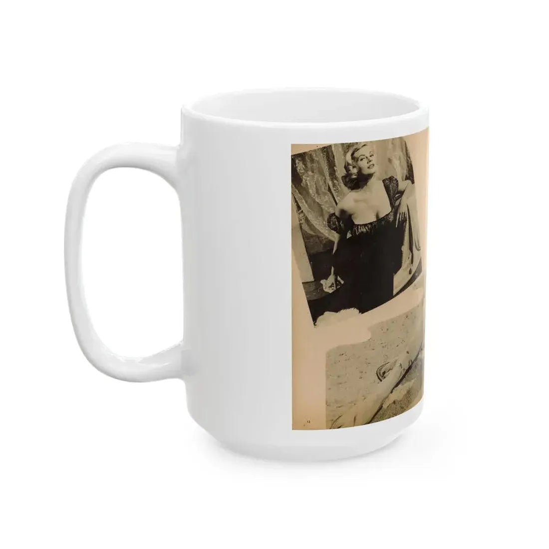 Anita Ekberg #319 - 2 Pages, 1 B&W Photo & 1 B&W Centerfold Photo from Glamorous Models Mag. May '54 (Vintage Female Icon) White Coffee Mug - Go Mug Yourself