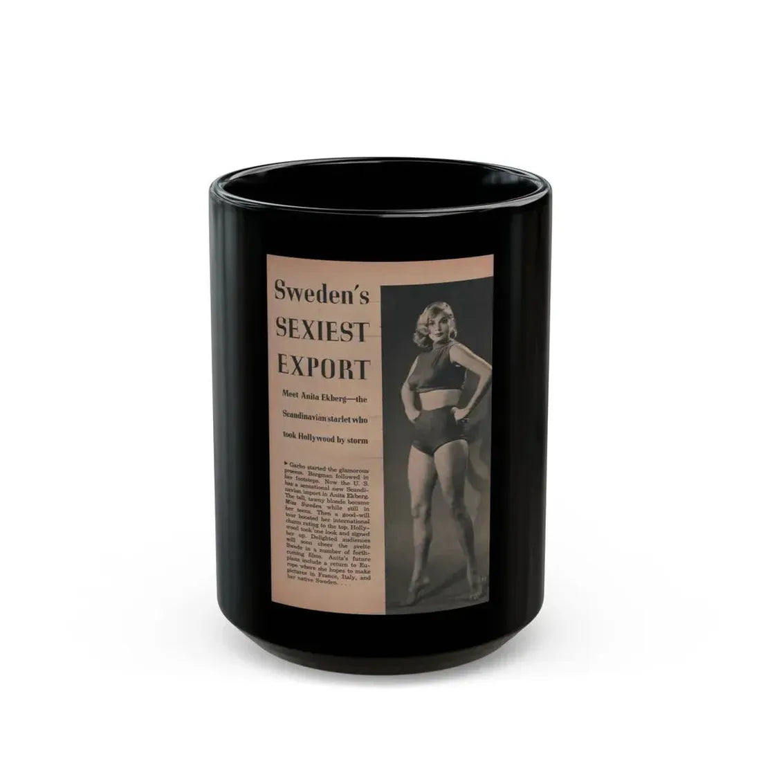 Anita Ekberg #411 - EYE Digest Mag. Nov. '53 - 1 Page & 1 B&W Photo (Vintage Female Icon) Black Coffee Mug 15oz - Go Mug Yourself