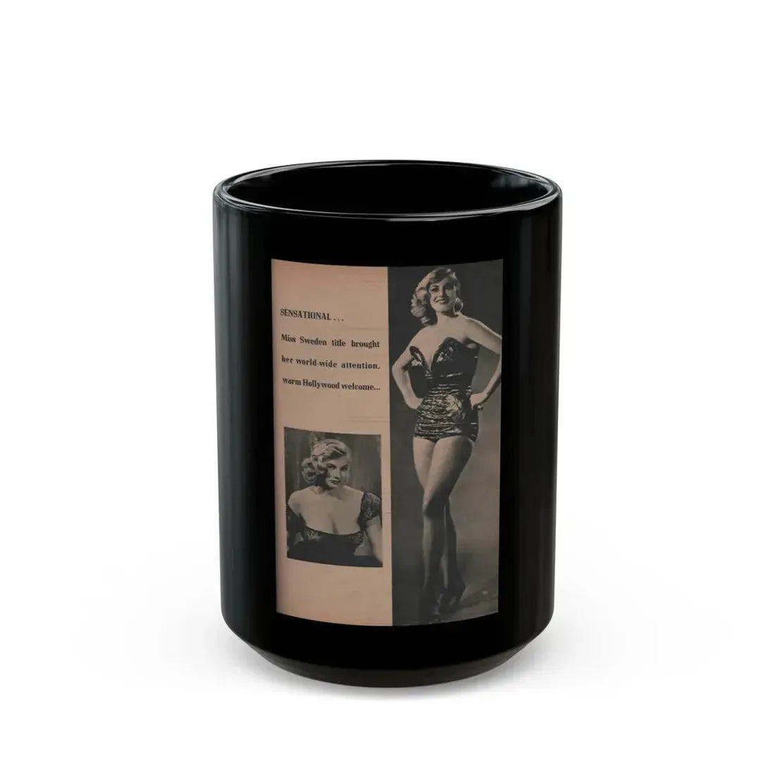 Anita Ekberg #415 - EYE Digest Mag. Nov. '53 - 1 Page, 2 B&W Pics & Caption (Vintage Female Icon) Black Coffee Mug 15oz - Go Mug Yourself