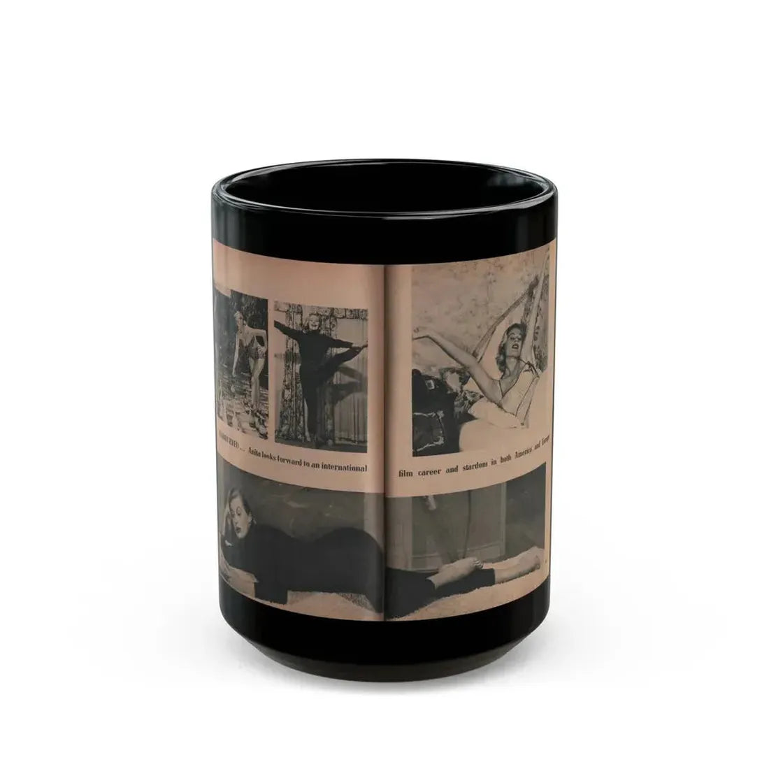 Anita Ekberg #416 - EYE Digest Mag. Nov. '53 - 2 Page, 4 B&W Pics & Caption (Vintage Female Icon) Black Coffee Mug 15oz - Go Mug Yourself