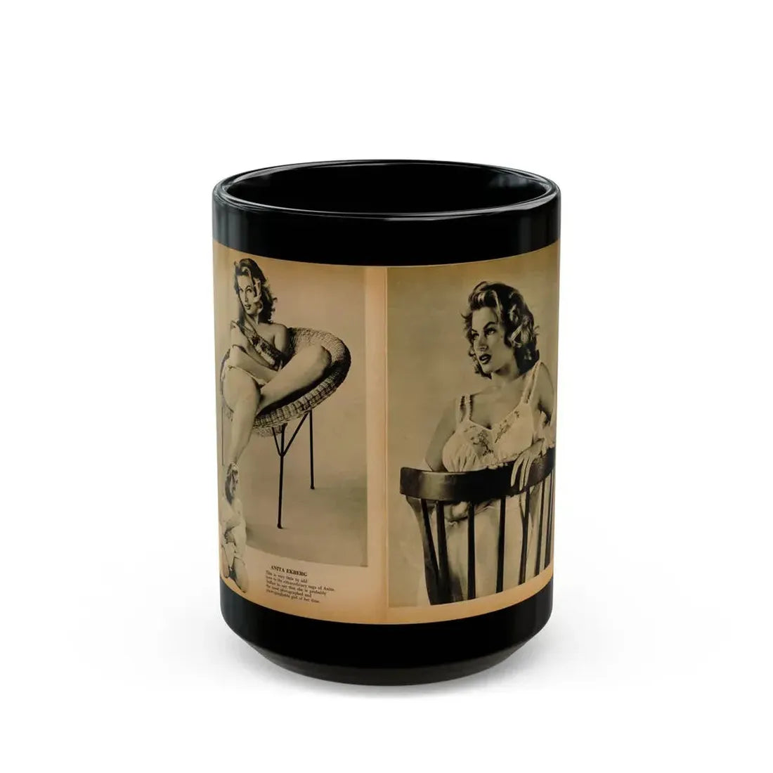 Anita Ekberg #443 - Bachelor Pin-Ups Issue #01 Mag. '57 - 2 Pages, 3 B&W Photos, Caption & Brief Article (Vintage Female Icon) Black Coffee Mug 15oz - Go Mug Yourself