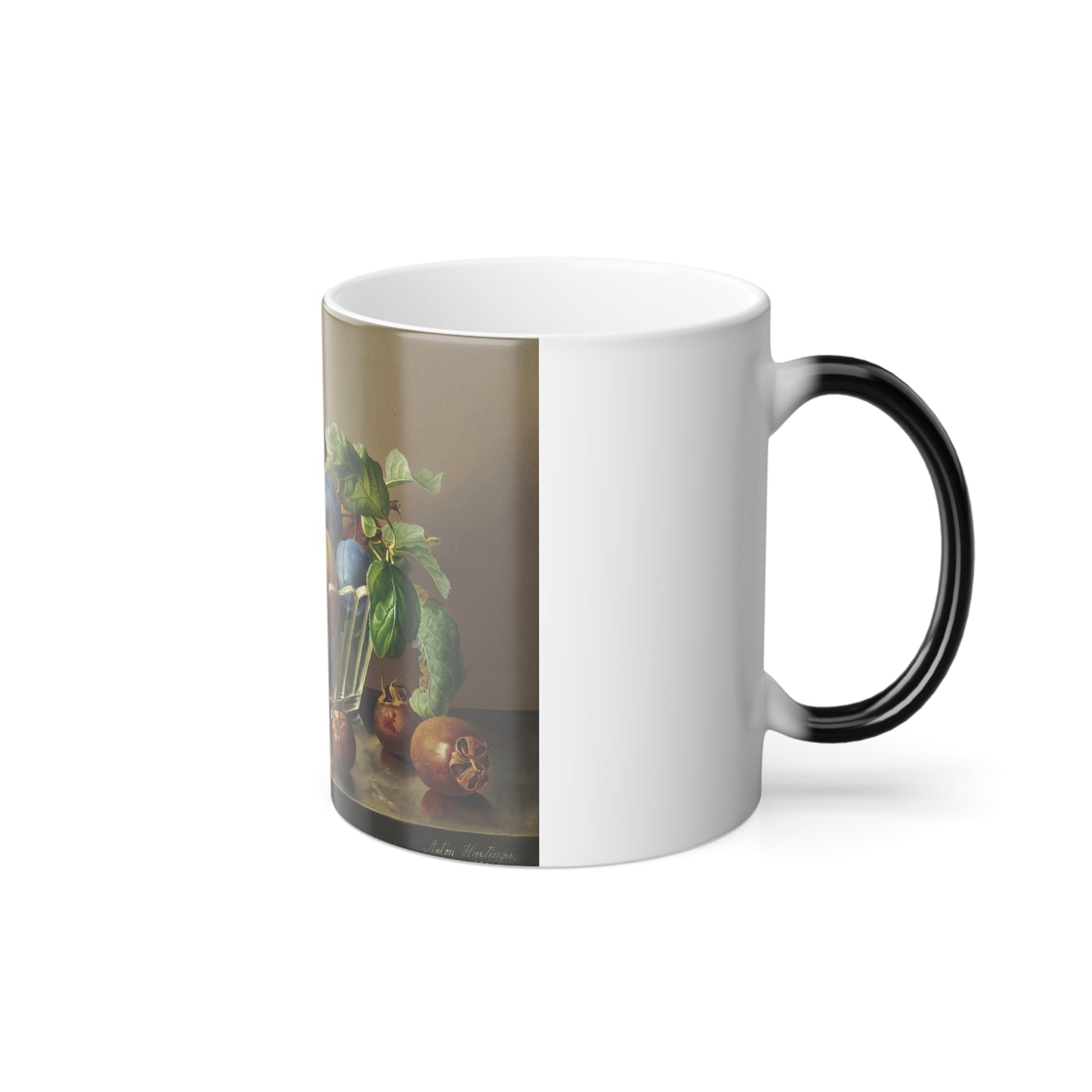 Anton Hartinger (1806-1890) Peaches, plums and apples in a glass bowl by peaches on a marble ledge - Oil-0 - Color Changing Mug 11oz-Go Mug Yourself