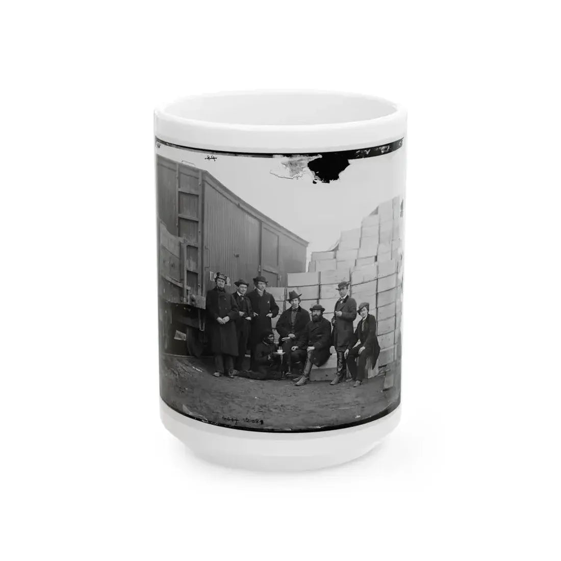 Aquia Creek Landing, Va. Clerks Of The Commissary Depot By Railroad Car And Packing Cases (U.S. Civil War) White Coffee Mug 15oz - Go Mug Yourself