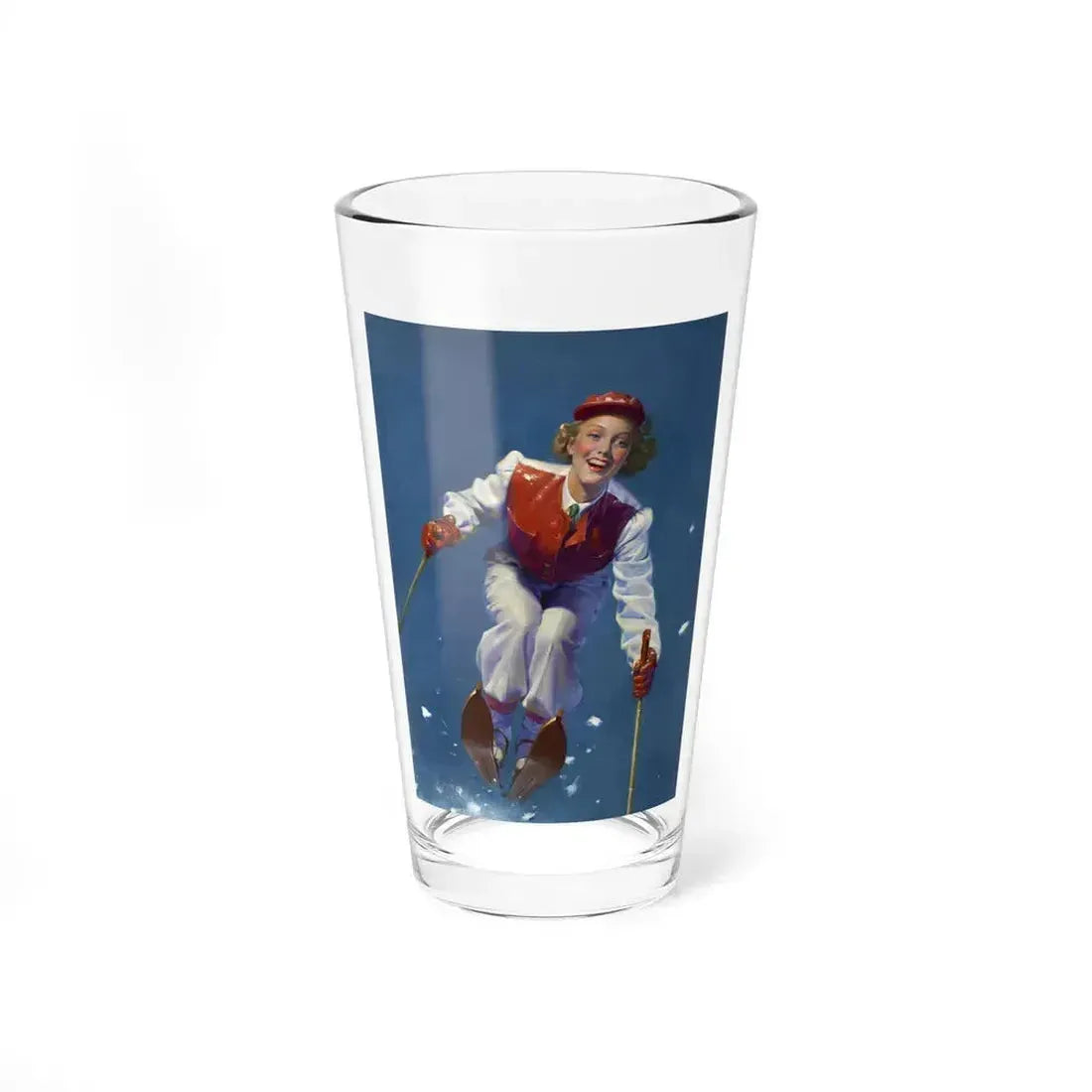 Art Deco Era Woman Skier, magazine cover, circa 1933-1938 (Magazine Illustration) Pint Glass 16oz 16oz - Go Mug Yourself