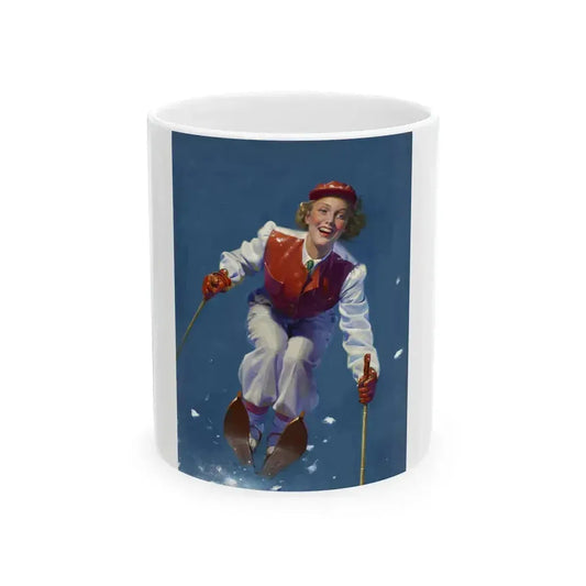 Art Deco Era Woman Skier, magazine cover, circa 1933-1938 - White Coffee Mug 11oz - Go Mug Yourself