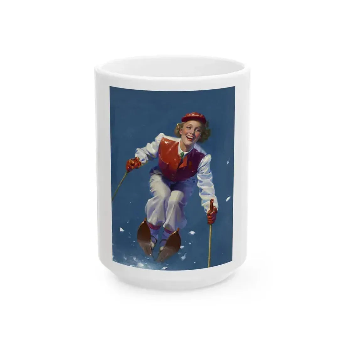 Art Deco Era Woman Skier, magazine cover, circa 1933-1938 - White Coffee Mug 15oz - Go Mug Yourself