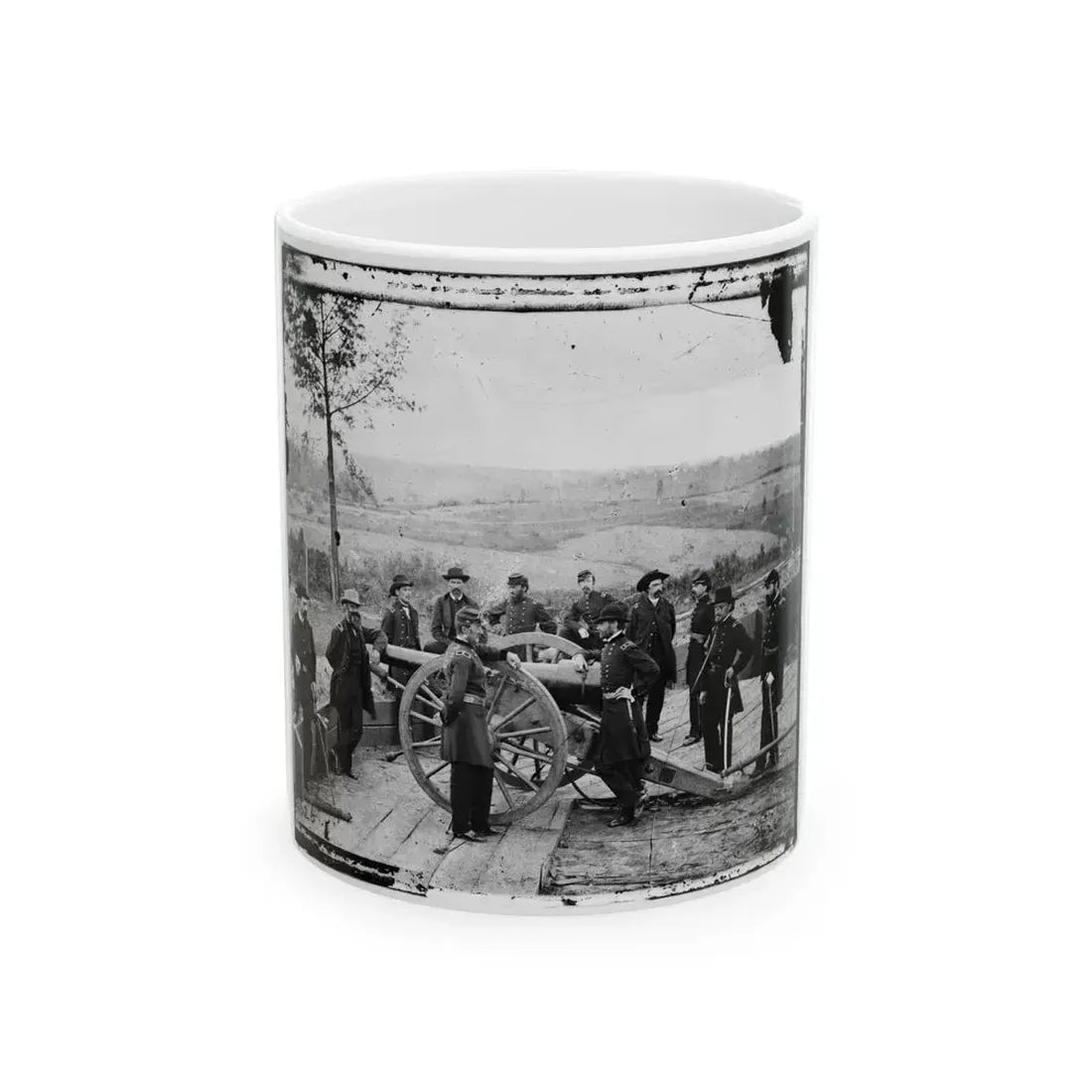Atlanta, Ga. Gen. William T. Sherman, Leaning On Breach Of Gun, And Staff At Federal Fort No. 7 (U.S. Civil War) White Coffee Mug 11oz - Go Mug Yourself