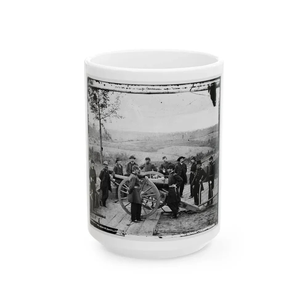 Atlanta, Ga. Gen. William T. Sherman, Leaning On Breach Of Gun, And Staff At Federal Fort No. 7 (U.S. Civil War) White Coffee Mug 15oz - Go Mug Yourself